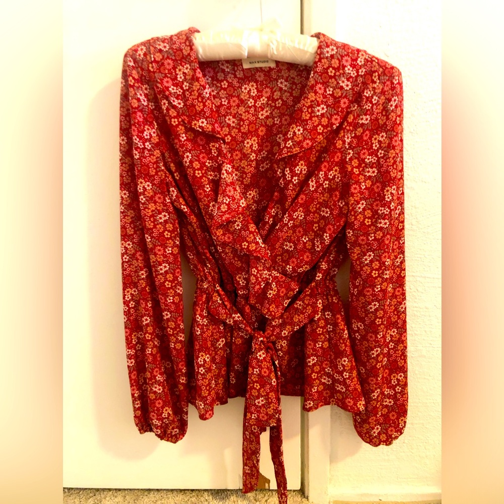 Red floral blouse, with wrap tie and ruffle collar